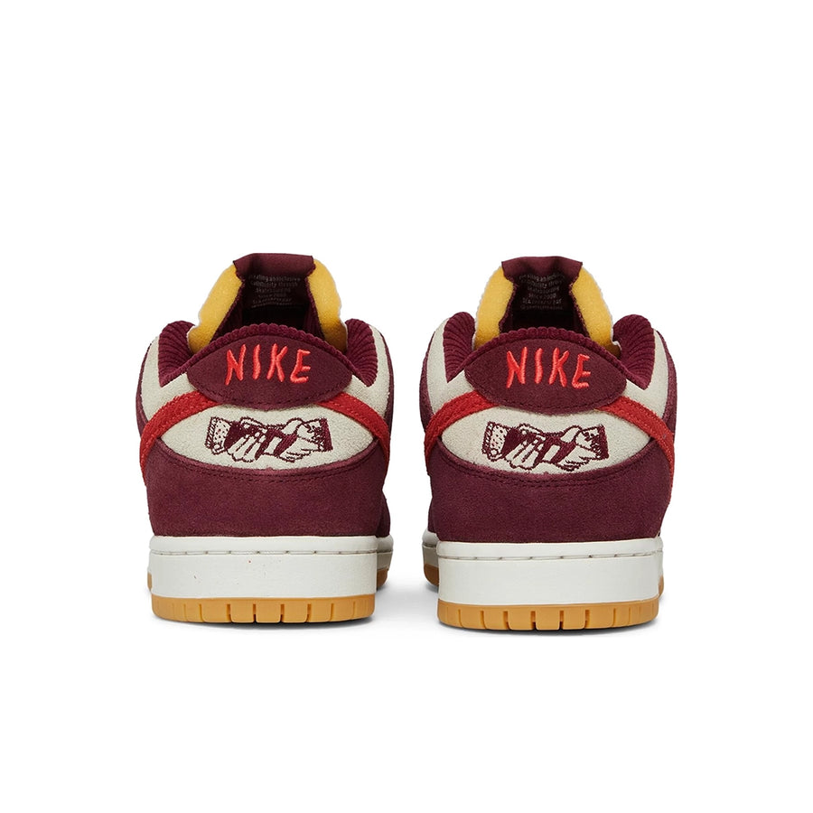 Heel of the Nike sb dunk low pro skate like a girl skating shoes in burgundy and cream