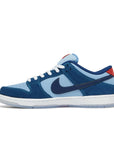 Side of the Nike sb dunk low pro why so sad skating shoes in dark and light blue.