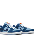 A pair of the Nike sb dunk low pro why so sad skating shoes in dark and light blue.